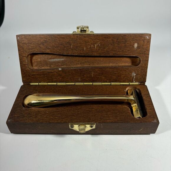 Crabtree & Evelyn London VTG Razor with Blade in Wooden Box Gold Tone Metal‎ - Picture 1 of 5